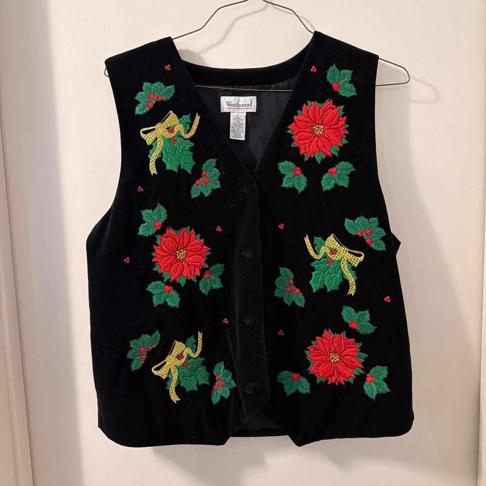 Vintage WEstbound Black Velvet Sz L Poinsettia Christmas Teacher Vest UGC